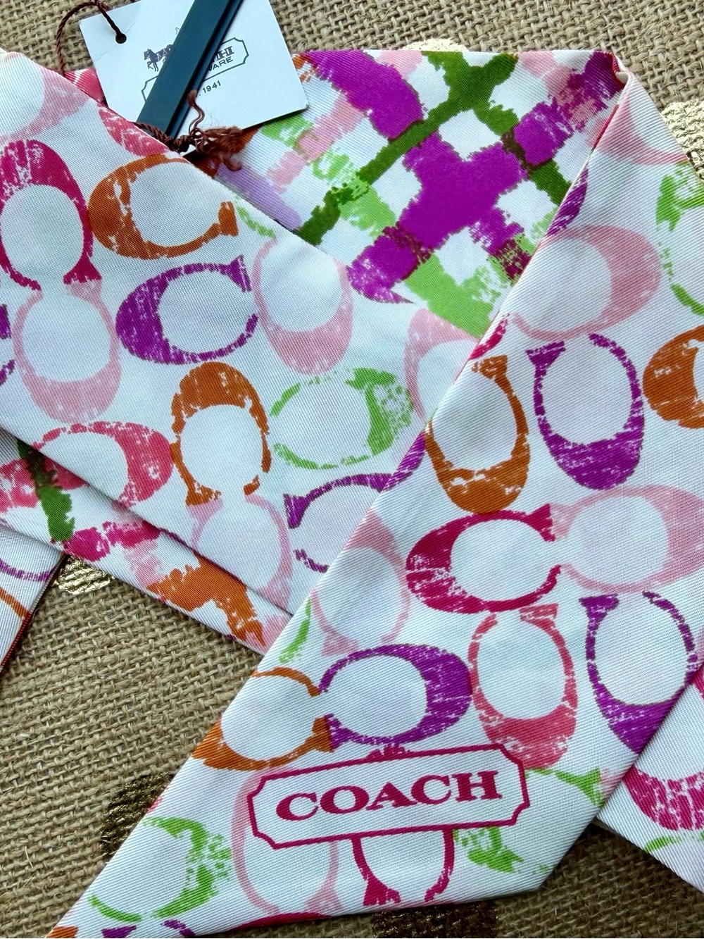 NWT 2007 Coach Silk ~Y2K Vintage Signature C & Tartan Plaid Mini Ponytail Scarf